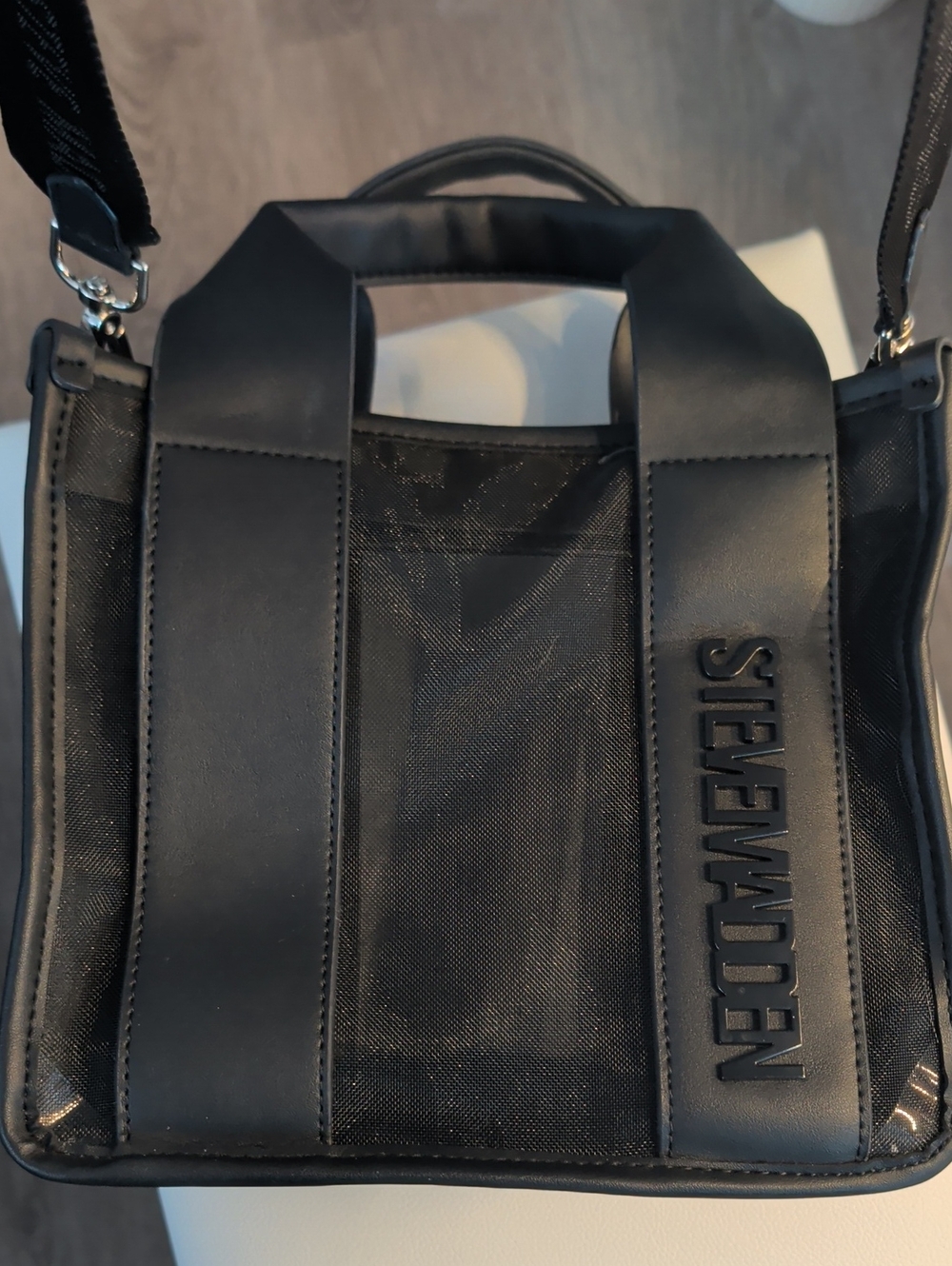 Steve Madden Black Messenger Bag with Embossed Logo